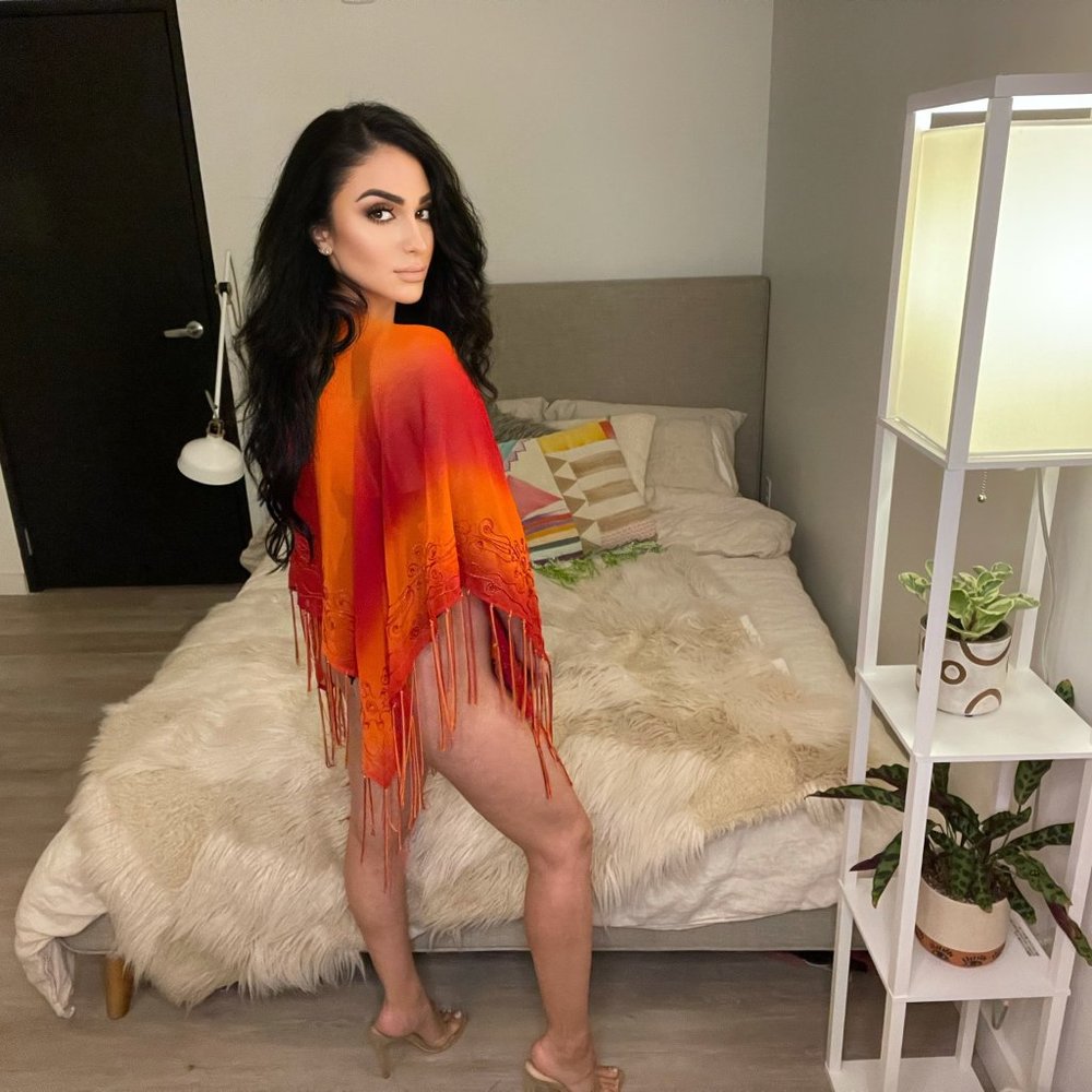 Orange and Red Swimsuit Cover-up / Poncho with Beading and Fringe